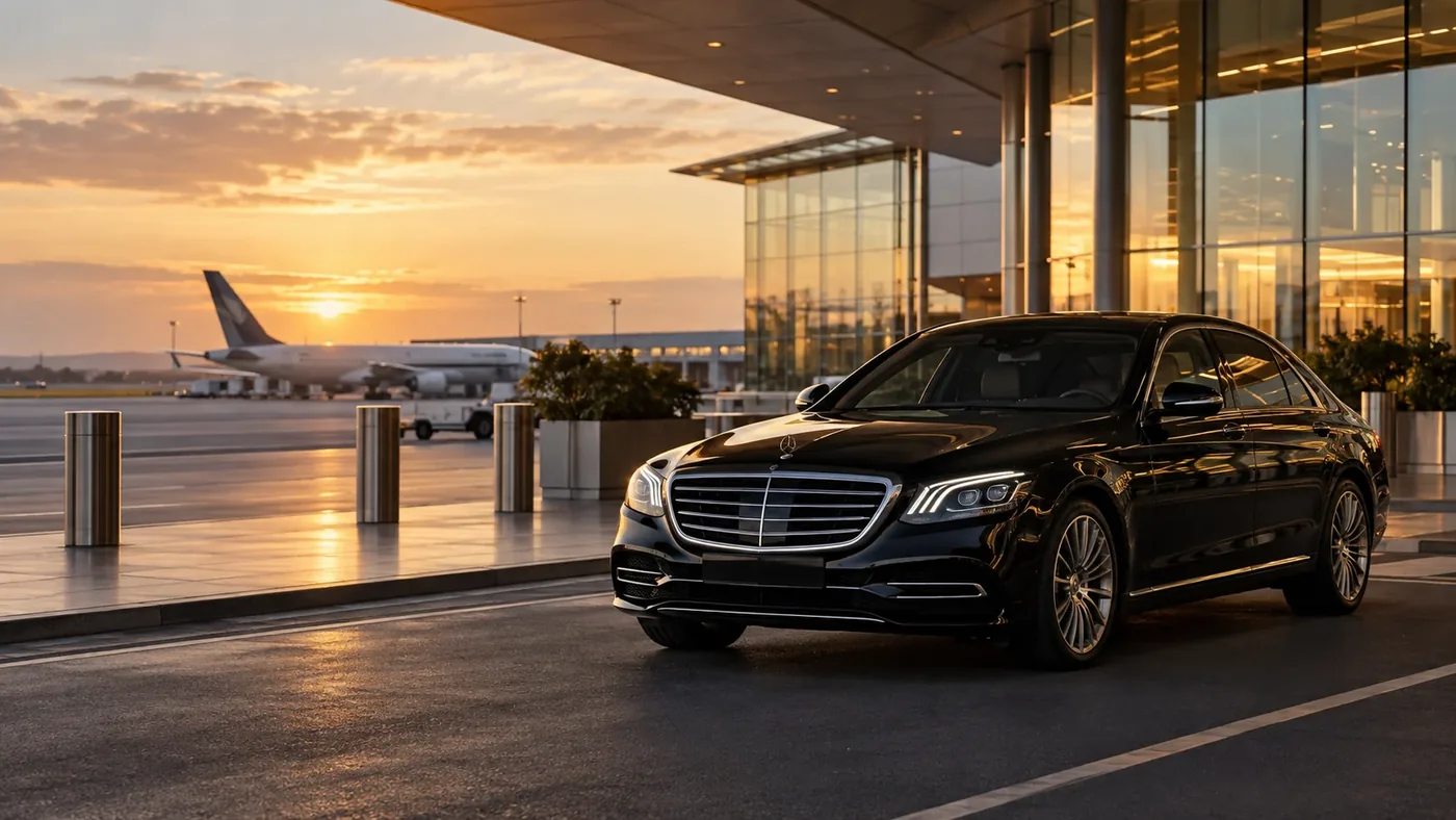 Illustration: black sedan waiting at an airport terminal kerb at sunset