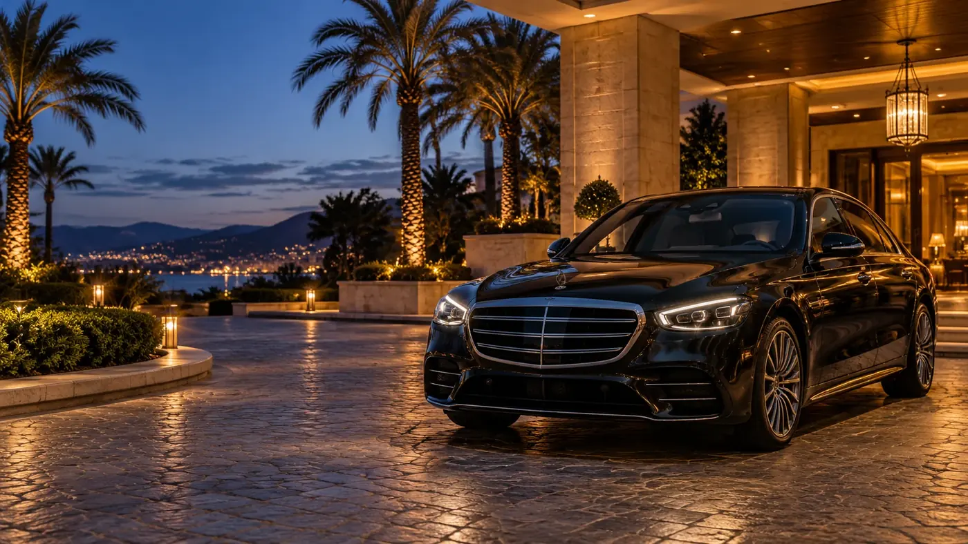 Illustration: black luxury sedan at a palm-lined hotel entrance in the evening