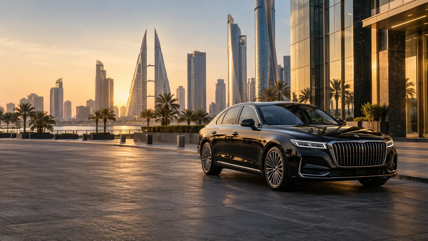 Illustration: black sedan outside a glass office tower with the Manama skyline behind