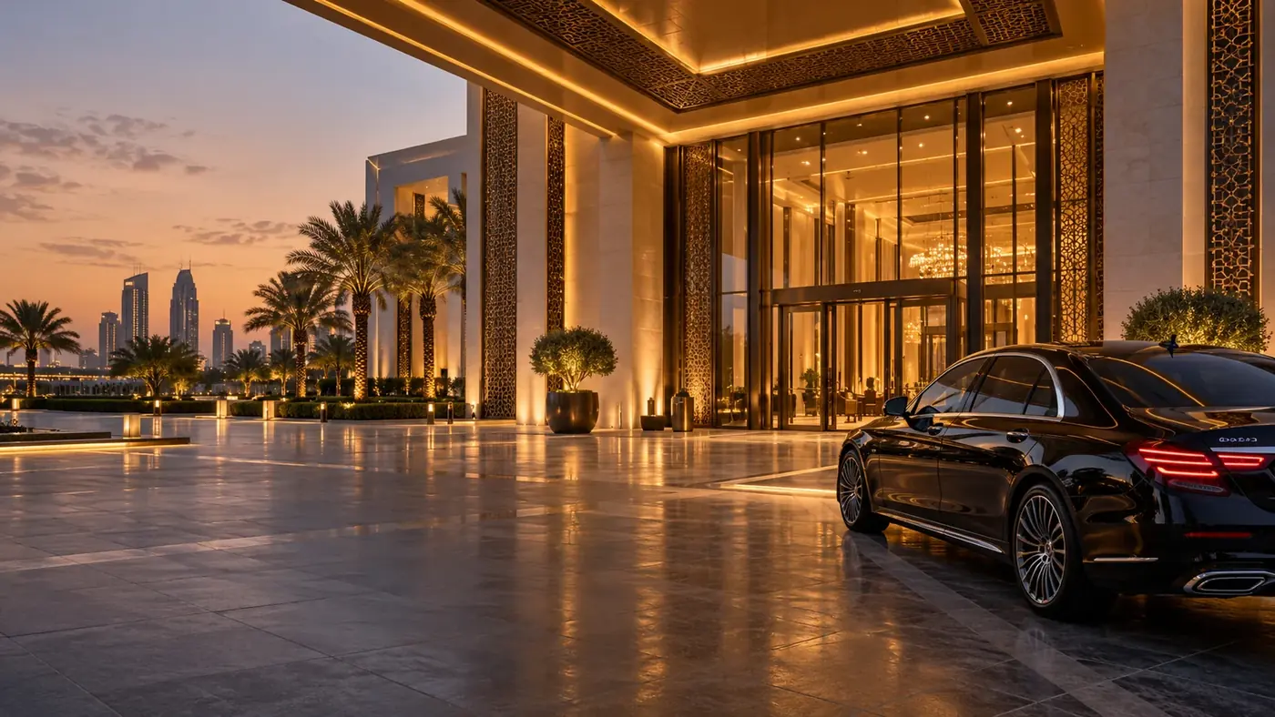 Illustration: black sedan at a lit venue entrance at dusk