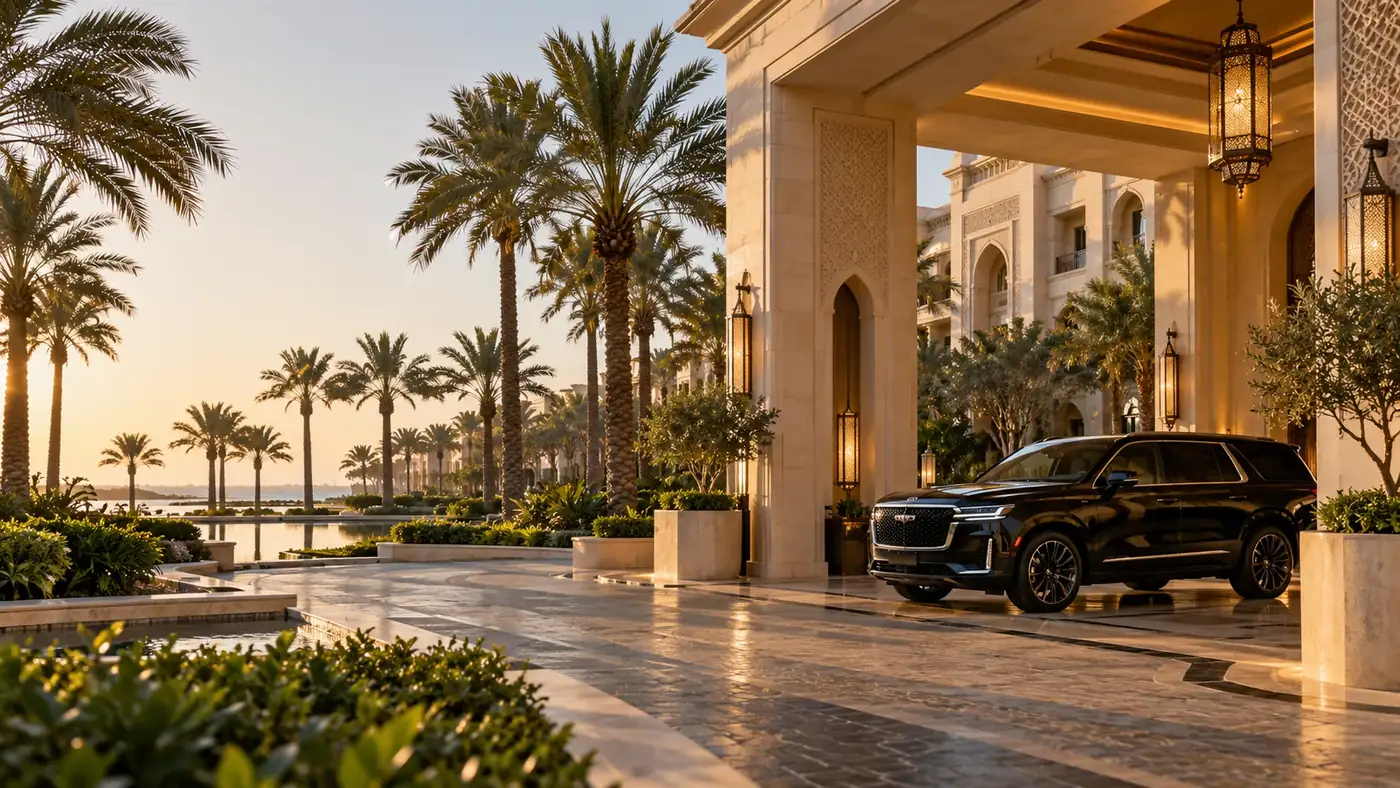 Illustration: black SUV under a resort entrance canopy lined with palm trees