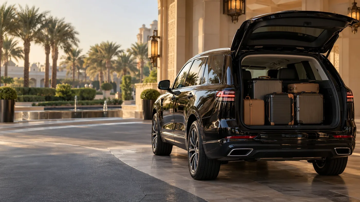 Illustration: black SUV with its tailgate open and suitcases loaded